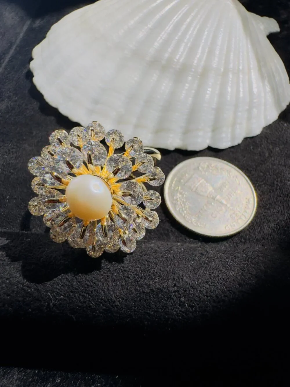 Sparkling CZ Flower Scarf Ring Pearl Center 2-in-1